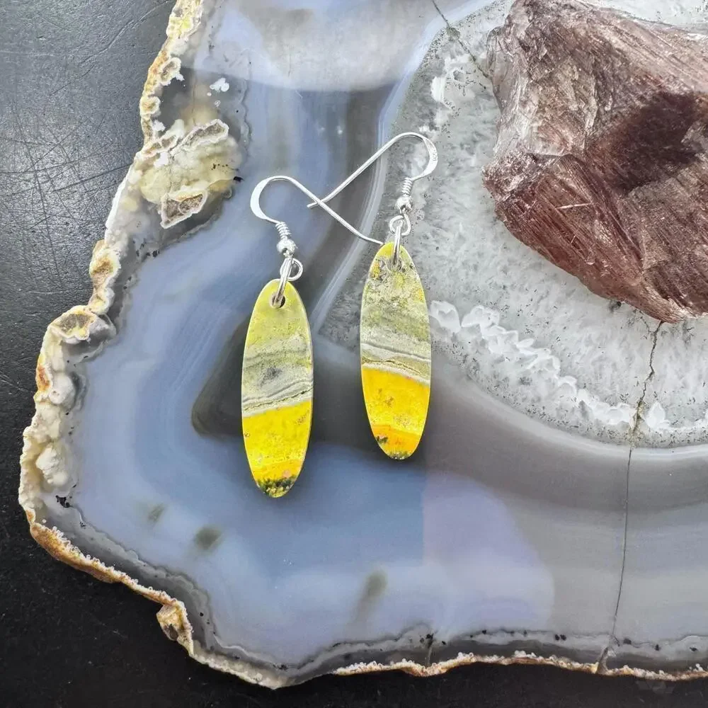 Sterling Silver Oval Bumblebee Jasper Slab Dangle Earrings For Women #166 - Picture 2 of 10